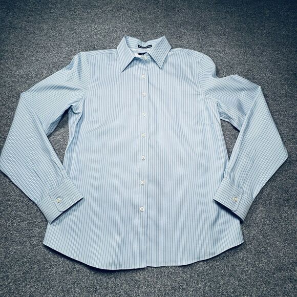 New Lands' End No Iron Pinpoint Oxford Striped Paradise Blue Women's Size 10 - Picture 2 of 8